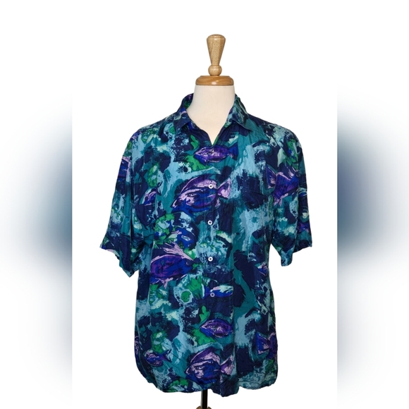 Vtg 90s Abstract Hawaiian Floral Rockabilly Silk Mens Shirt Size M Spring Summer - Picture 1 of 8